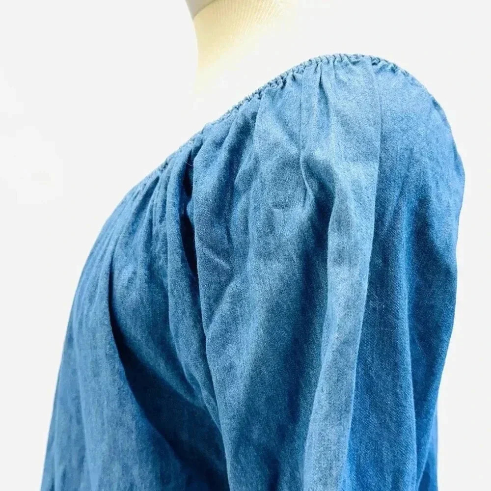 Women 3/4 Sleeve Pull Over Off the Shoulder Pom-Pom Blue Tunic Shirt Size Large - Picture 4 of 11